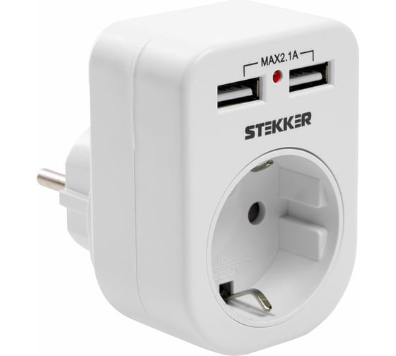Переходник сетевой с/з (+ 2 USB 2,1А), 250В, 16A, ADP16-24-20, белый