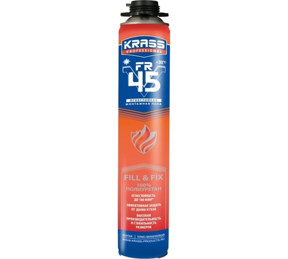 Пена монтажная KRASS  Professional  огнестойкая FR V45 пистолетная 0,75л/12