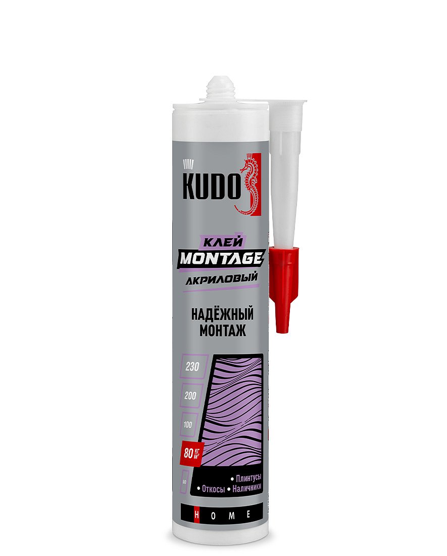 Клей KUDO HOME Montage для невидимого монтажа на акриловой основе белый 280 мл/12