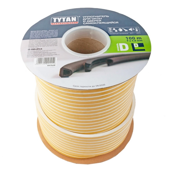 Уплотнитель Tytan Professional для окон и дверей D 100m x 9mm x 7,5mm Белый/2
