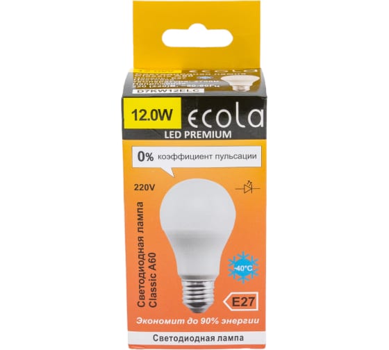 Лампа светодиодная LED A60, 12,0 Вт, 2700 К, E27, 220-240V Ecola Premium (50)