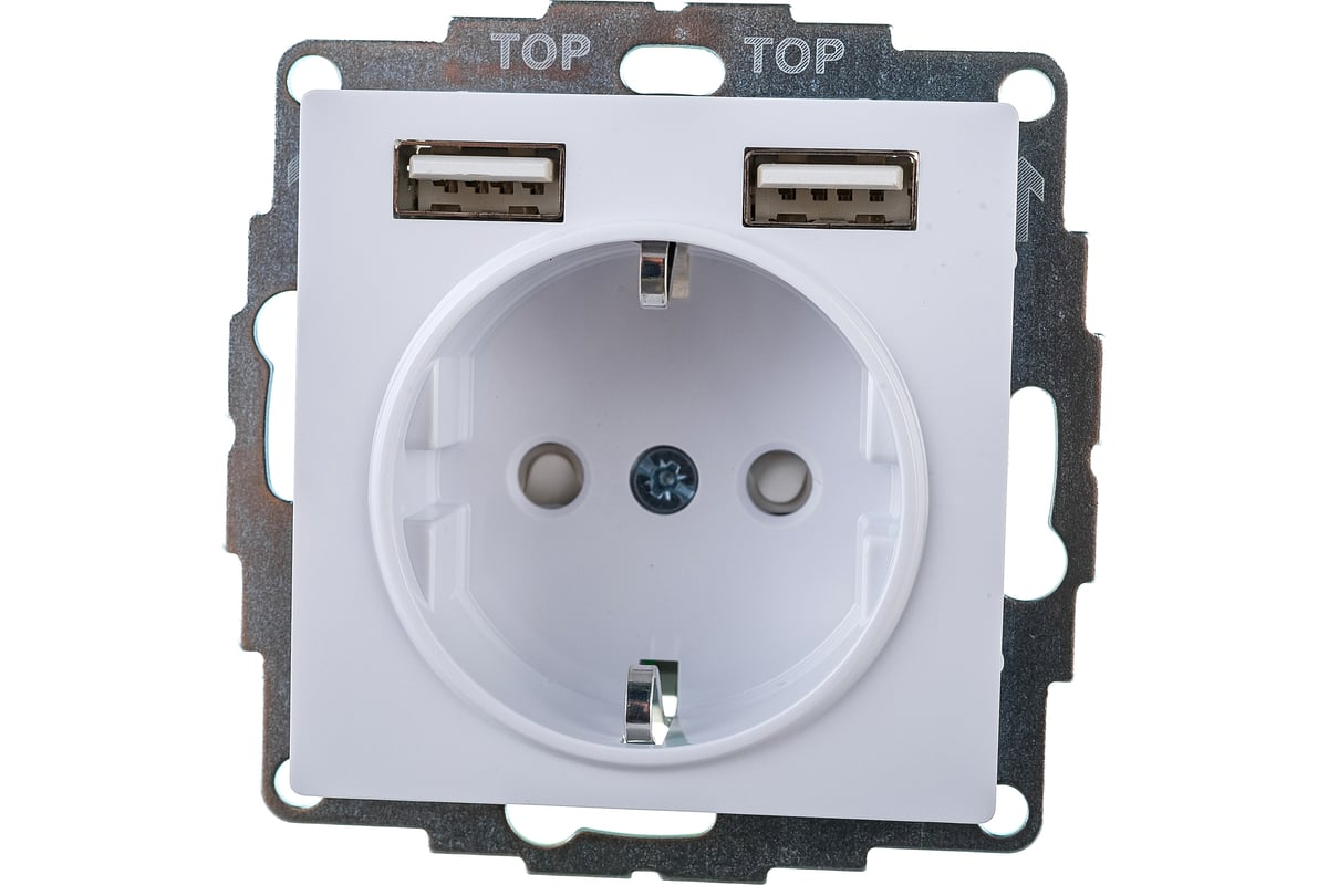 Розетка 1п С/З со шторками с USB A+A, 5В/2,4А, 2х5В/1,2А белая  AtlasDesign