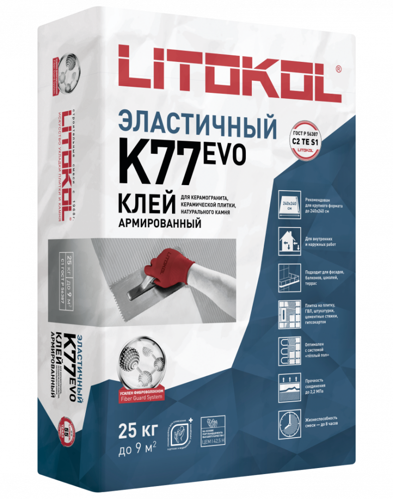 Клей ЛИТОКОЛ SuperFlex K77, для плитки, керамогранита и камня, эластичный, 25 кг С2TES1 ИСГ 22.06.26
