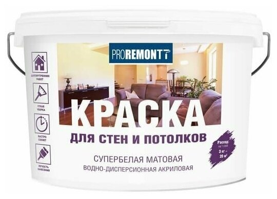 Краска ПРОРЕМОНТ д/стен и потолков супербелая 3кг