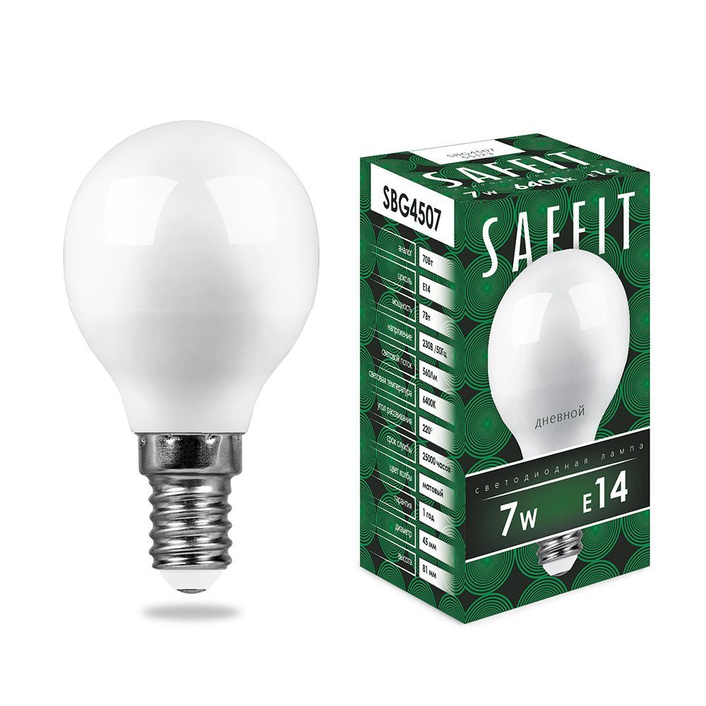 Лампа светодиодная LED шар (G45) 7,0Вт, 6400K, E14 SBG4507 SAFFIT (200)