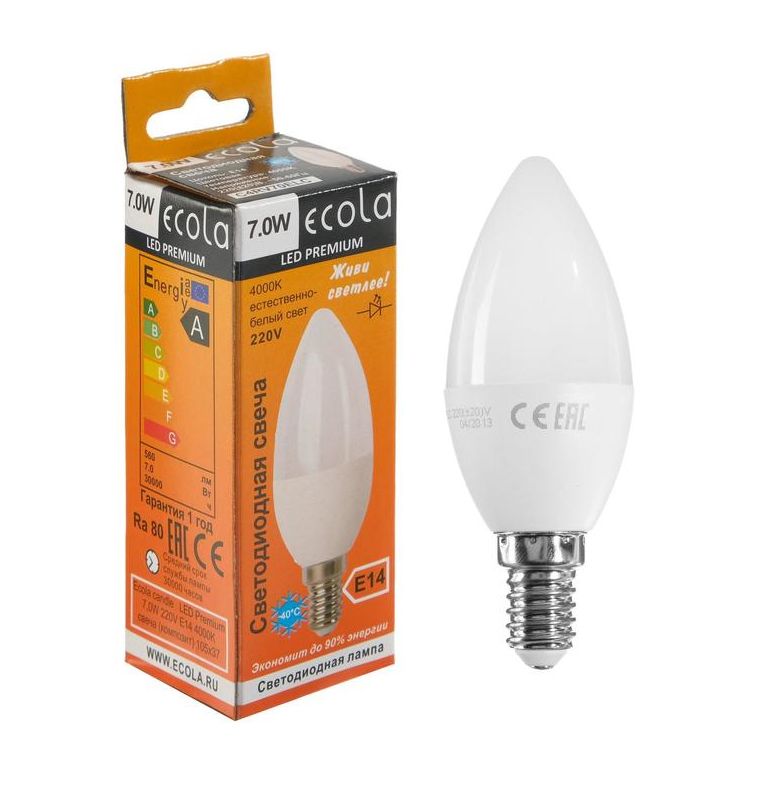 Лампа светодиодная LED свеча 7,0Вт, 220В, 4000K, E14, 103x37 Ecola Premium (50)