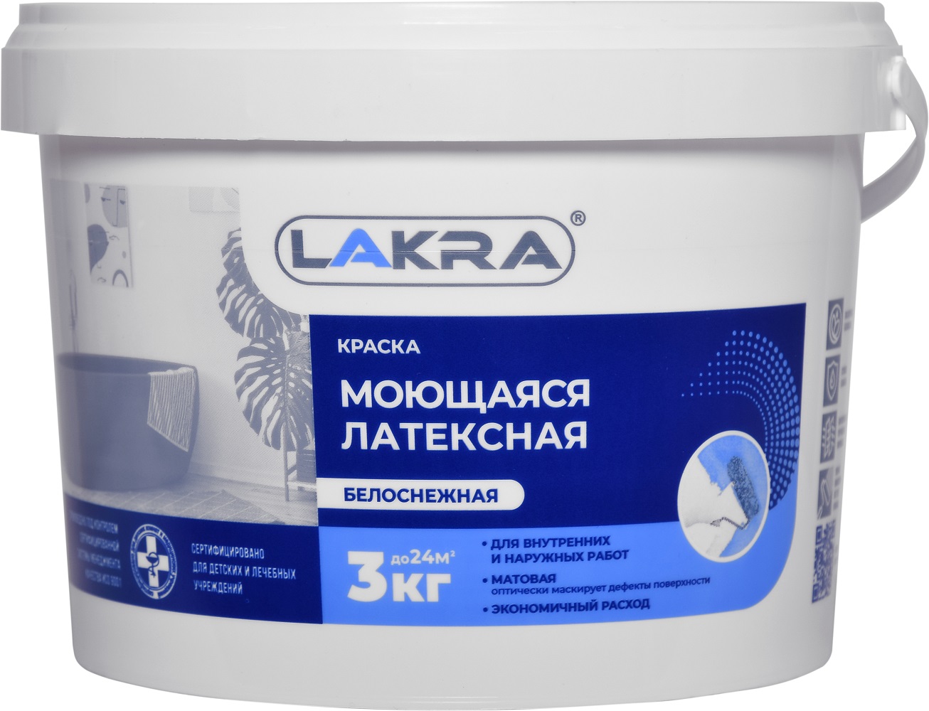 Краска ЛАКРА латексная, моющаяся, белоснежная 3кг/1