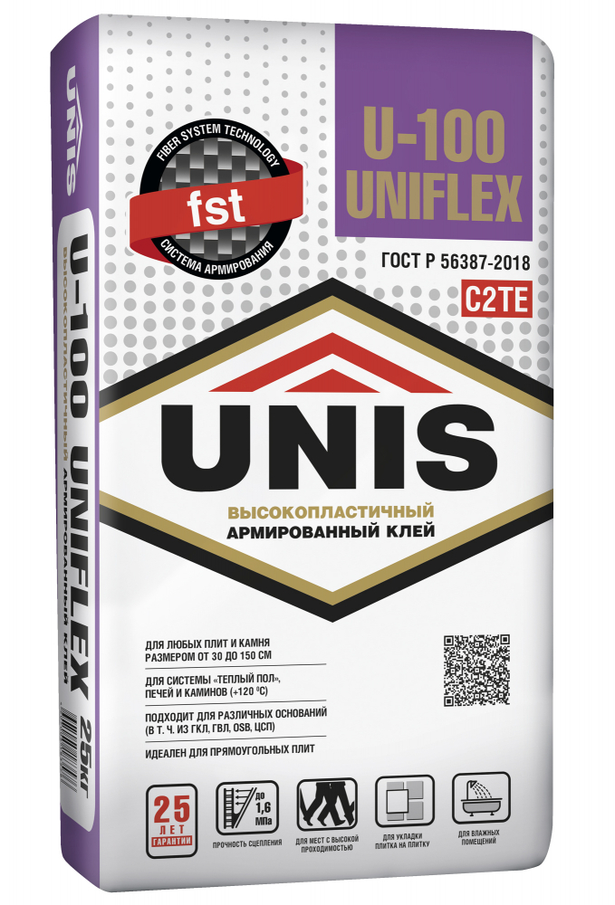 Клей ЮНИС U-100 Uniflex Высокопластичный, класс C2TE 25кг (48) СНЯТ С ПРОИЗВОДСТВА